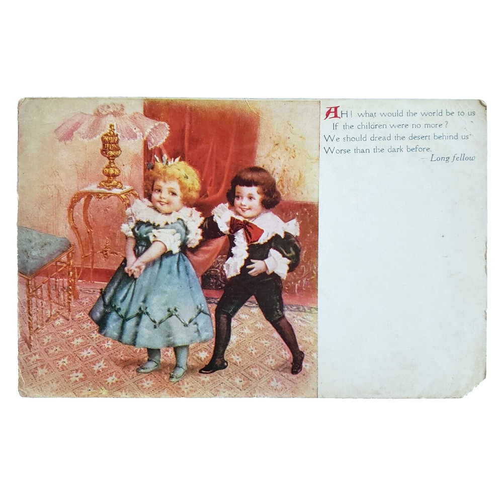 Antique Postcard Victorian Children Longfellow Poem Americana Love Vintage 1909